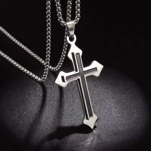 Collier Croix Relief Noir Homme Femme avec Chaîne Cubique