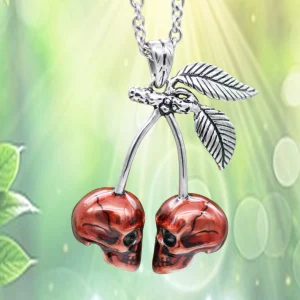 Collier Gothique Tête de Mort Cerise en Acier et Époxy Rouge