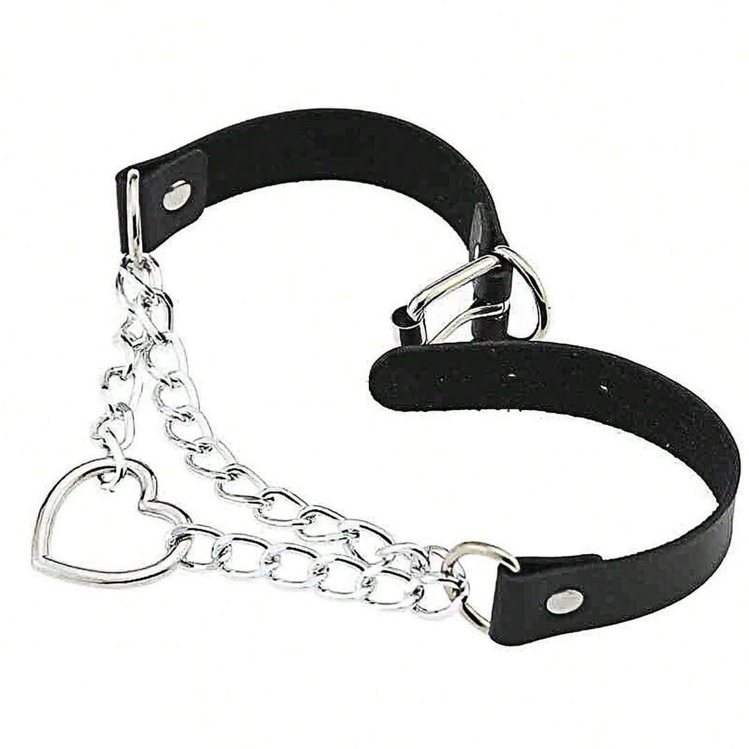Collier Choker Cuir Noir Cœur & Chaînes Style Gothique Punk – Image 5
