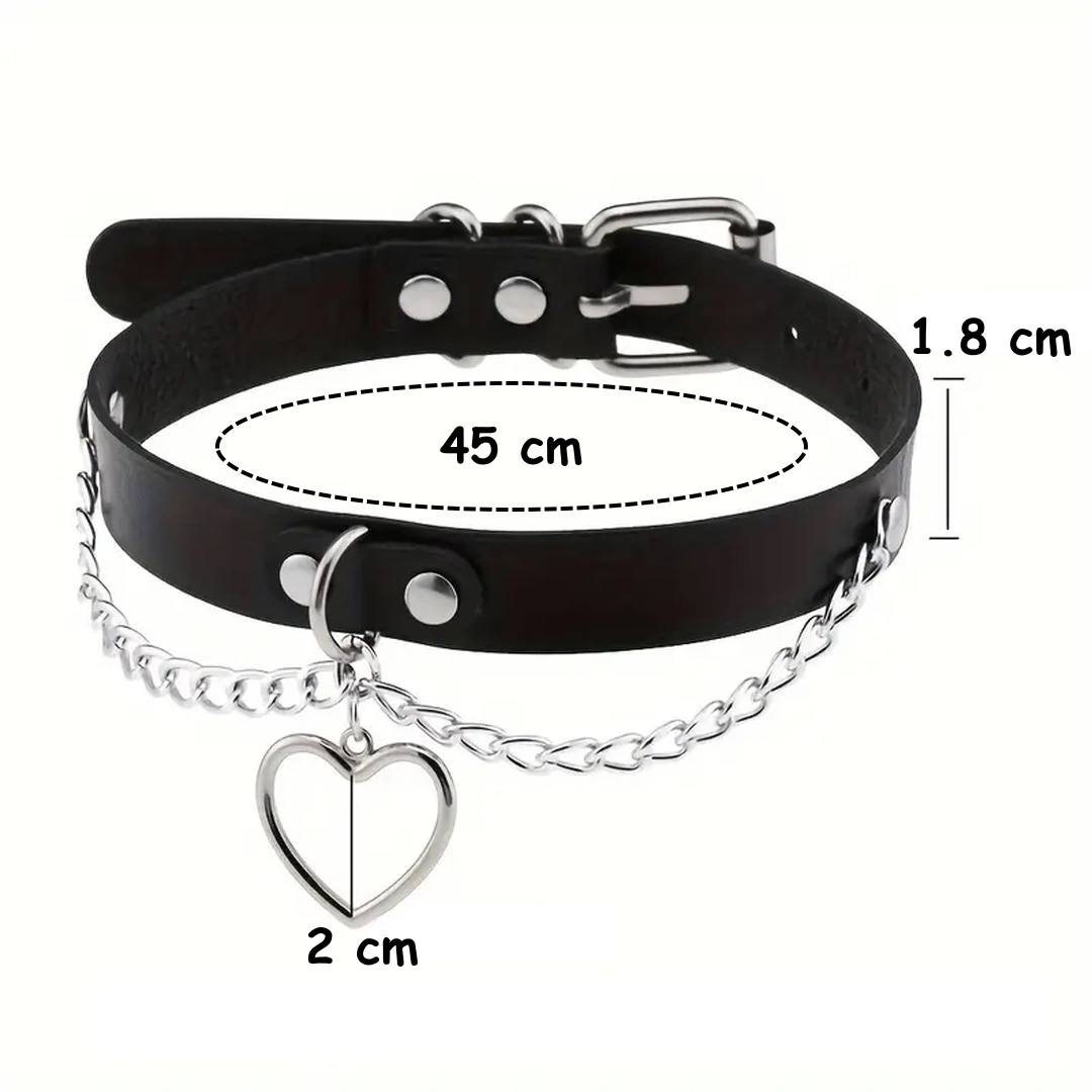 Choker Cuir Noir avec Cœur Métallique et Chaînes – Image 4