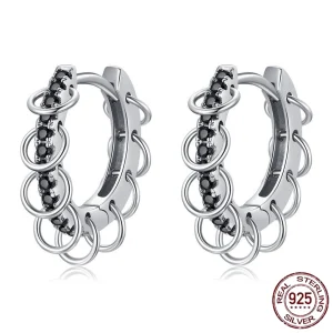 Créoles Argent 925 à Pavage Zircons Noirs et Anneaux Mobiles
