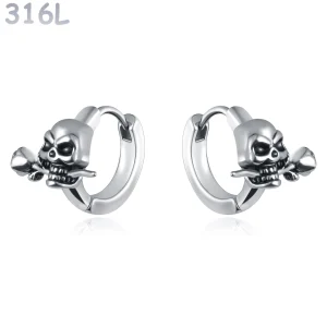 Créoles Gothiques Tête de Mort & Rose Acier 316L