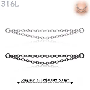 Double Chaîne Connecteur de Piercing Acier 316L 32-50 mm