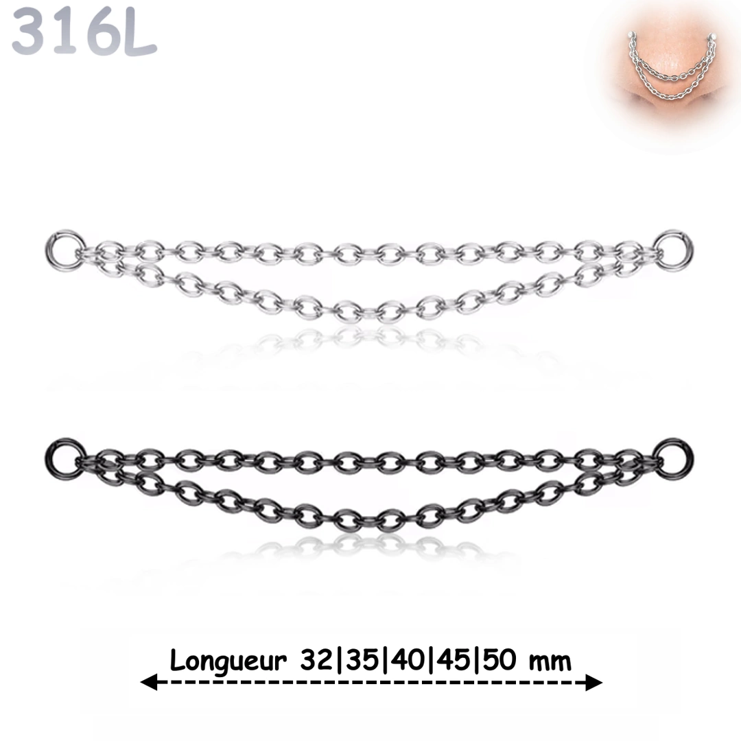 Double Chaîne Connecteur de Piercing Acier 316L 32-50 mm