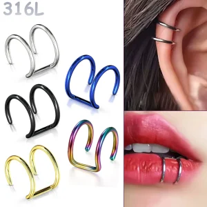 Faux Piercing Lèvre Cartilage Double Anneau en Acier