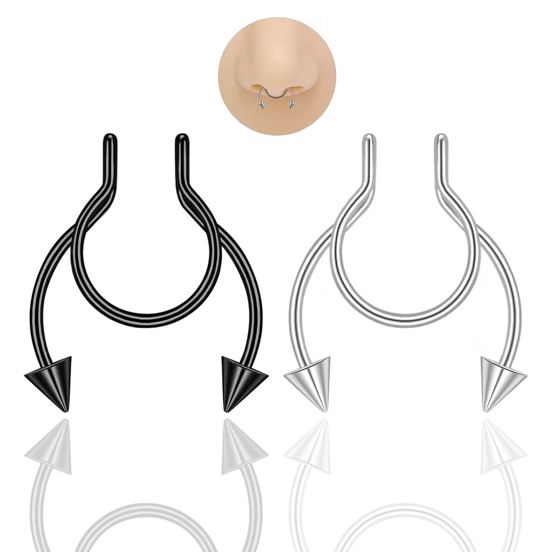 Faux Piercing Nez Septum en Acier Noir ou Clair à Spikes – Image 2