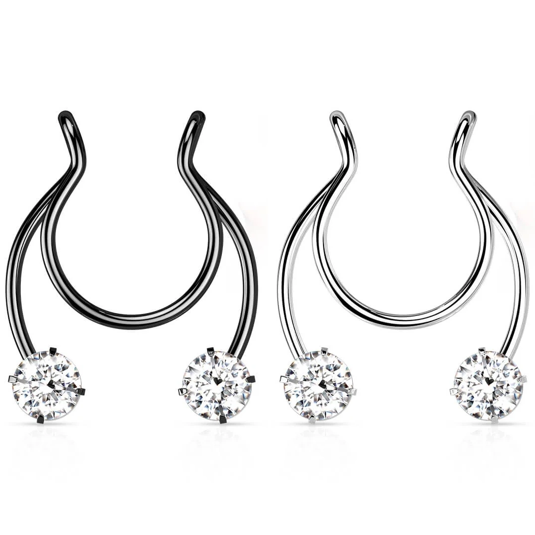 Faux Piercing Nez Septum en Acier Noir ou Clair à Strass