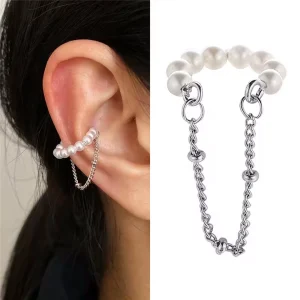 Faux Piercing Oreille Anneau Perlé et Chaîne en Acier Inoxydable