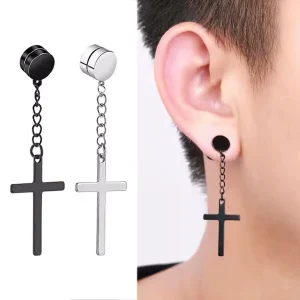 Faux Plug Magnétique en Acier Inoxydable Orné d’une Croix Gothique Suspendue