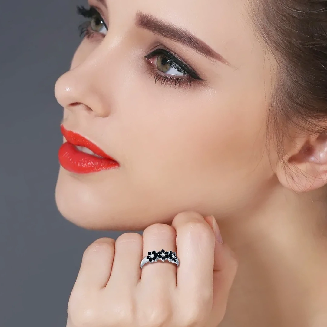 Bague Fleurs Argent 925 Zircon Noir et Blanc Femme – Image 5