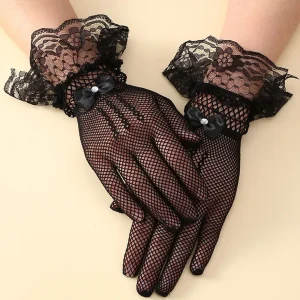 Gants Femme en Dentelle Noire avec Nœud Papillon et Strass