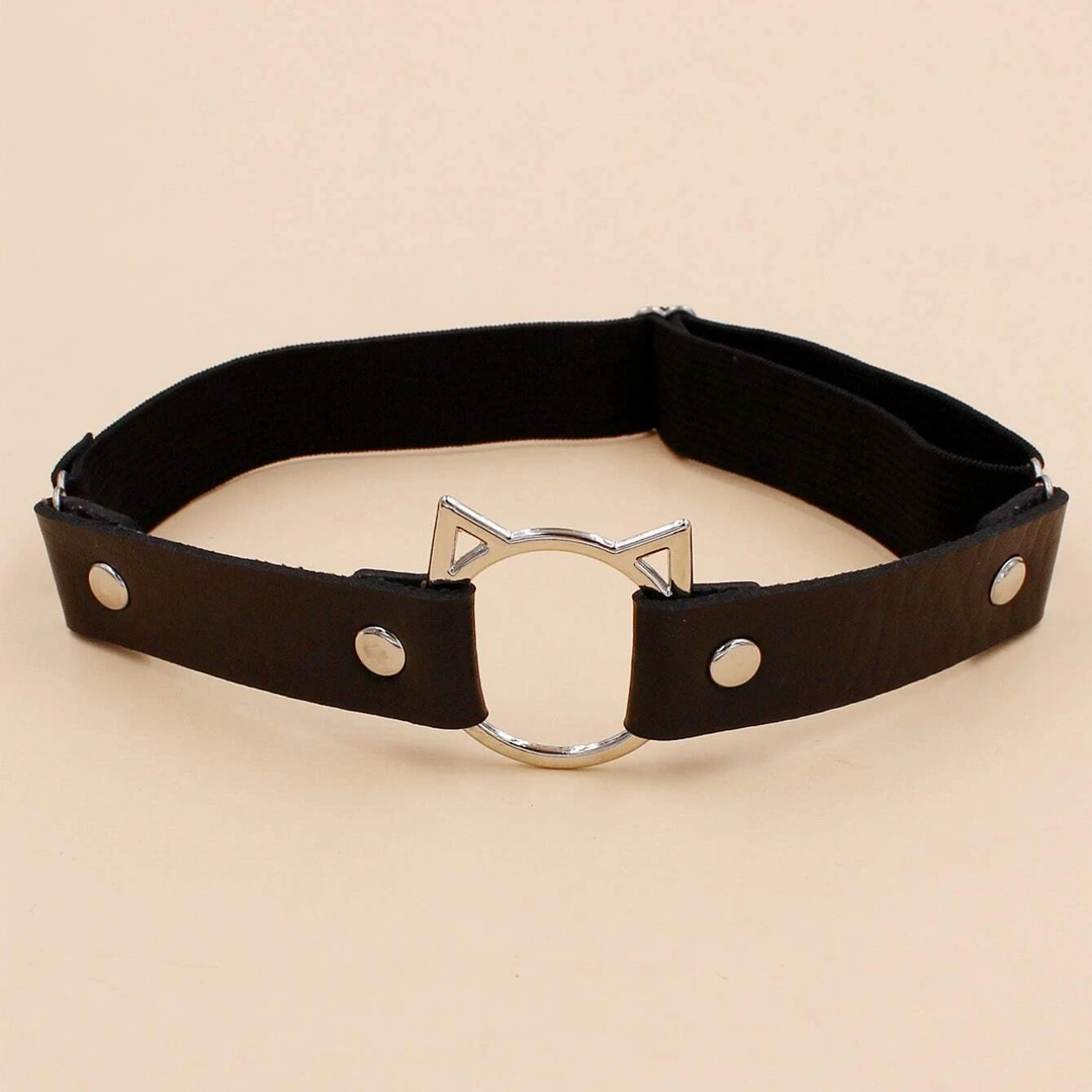 Jarretière en Cuir Noir avec Tête de Chat Métallique – Image 3