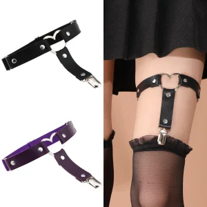 Jarretière Cuir Noir ou Violet Cœur Métallique & Clips Bas