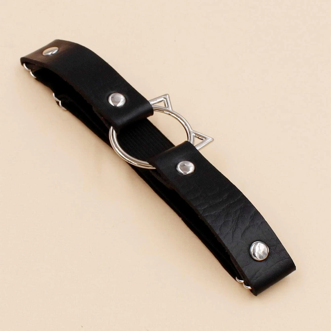 Jarretière en Cuir Noir avec Tête de Chat Métallique – Image 5