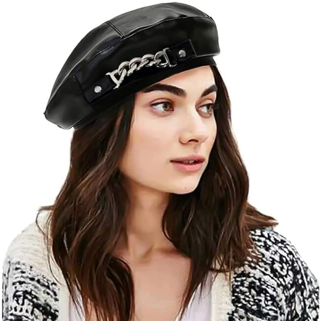 Béret Militaire Noir Femme en Cuir Synthétique avec Chaîne – Image 3