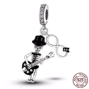 Pendentif / Charm Squelette Guitariste en Argent 925