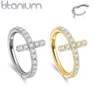 Piercing Anneau Clicker Titane Croix Pavée de Zircons