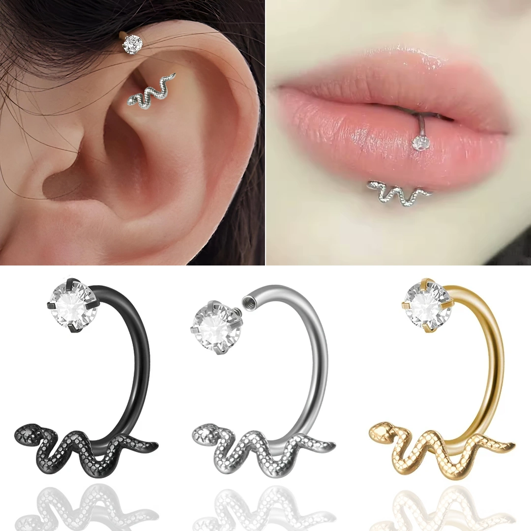 Piercing Fer à Cheval Serpent & Zircon – Cartilage ou Lèvre – Image 2