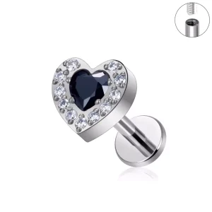 Piercing Labret Titane avec Cœur Noir & Éclats de Zircon