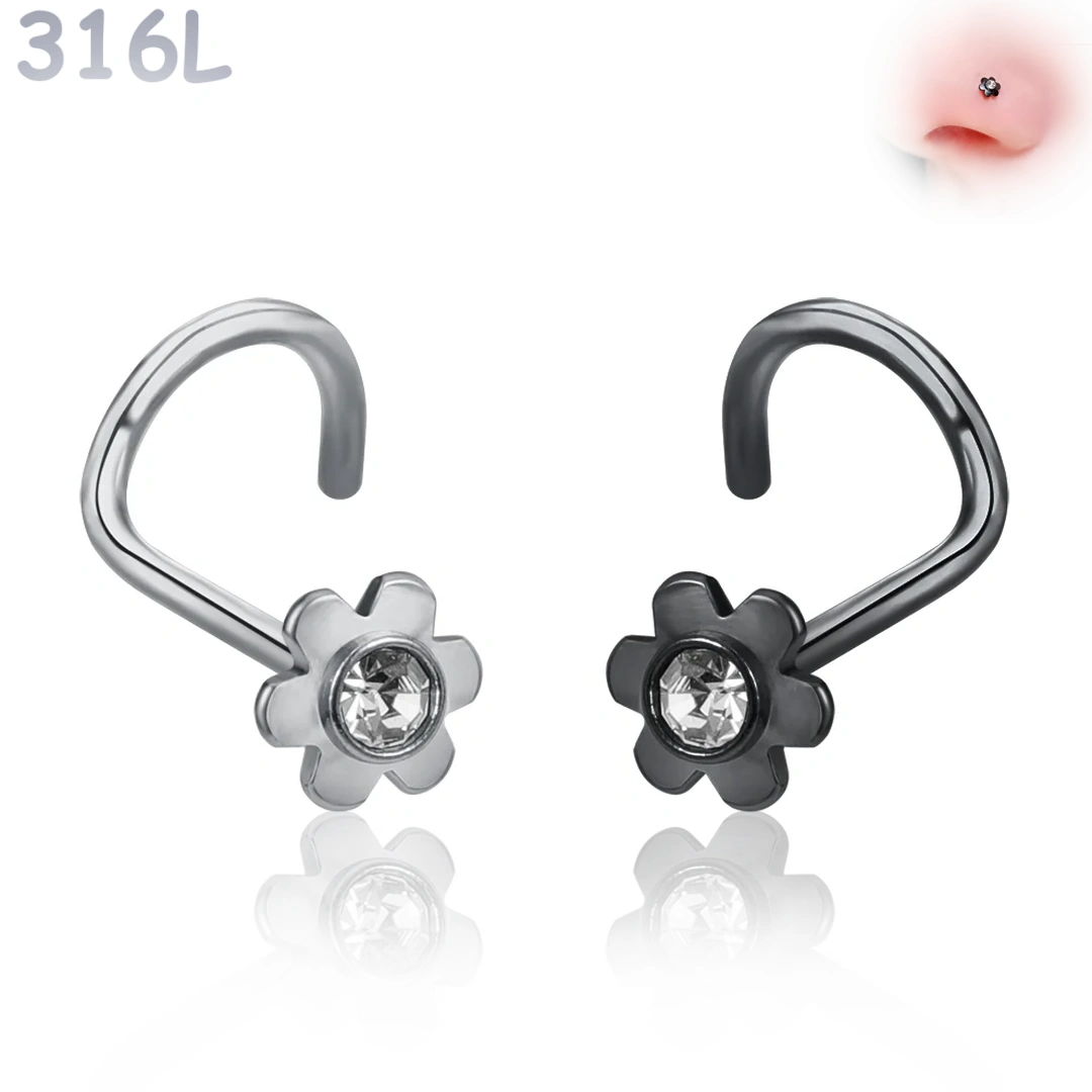 Piercing Nez Stud Courbé à Fleur 6 Pétales Sertie Zircon – Image 2