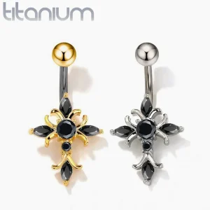 Piercing Nombril Croix Sertie de Zircons Noirs