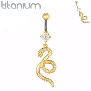 Piercing Nombril Serpent Élancé Titane Doré Pavé de Zircons