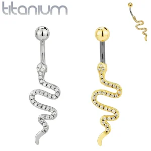 Piercing Nombril Serpent Pavé de Zircons Titane Brut ou Doré
