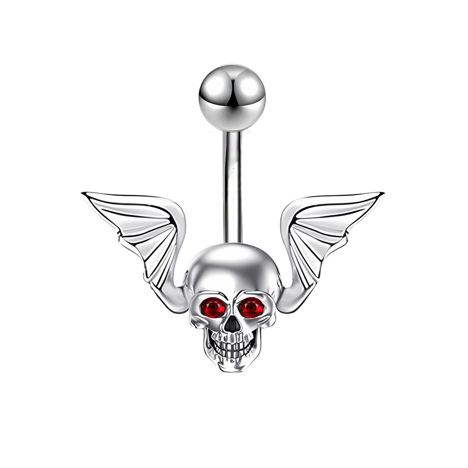 Piercing Nombril Tête de Mort Ailée en Acier et Zircons Rouges – Image 2