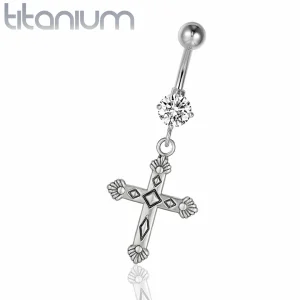 Piercing Nombril Titane à Zircon Lumineux et Pendentif Croix