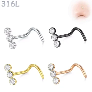 Piercing Nostril Stud à Triple Zircons – Acier 316L 0,8 mm
