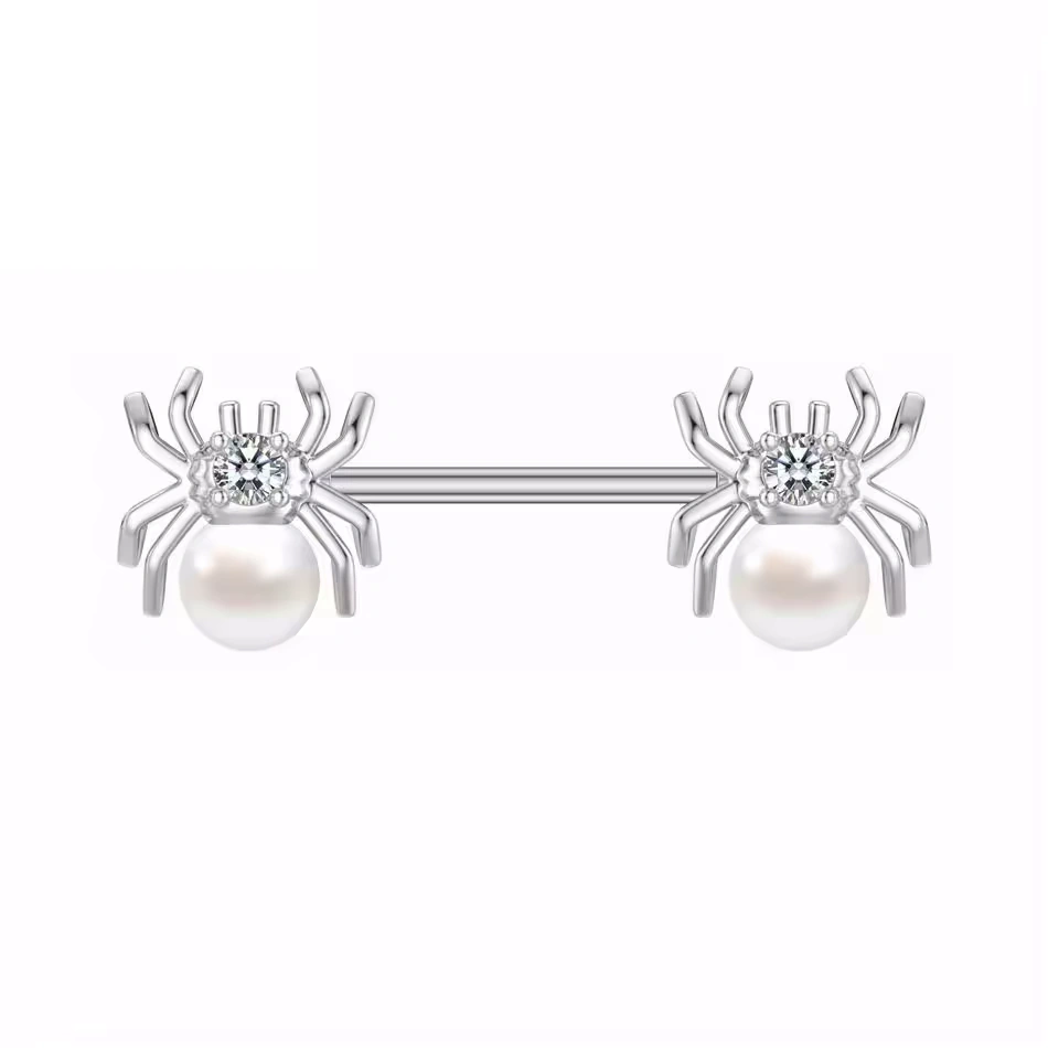 Piercing Téton Barbell Araignée en Titane avec Perle Blanche & Zircon – Image 2