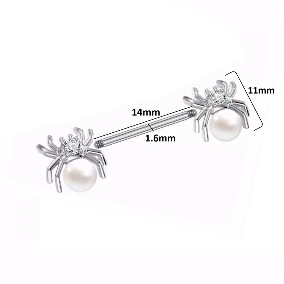 Piercing Téton Barbell Araignée en Titane avec Perle Blanche & Zircon – Image 4