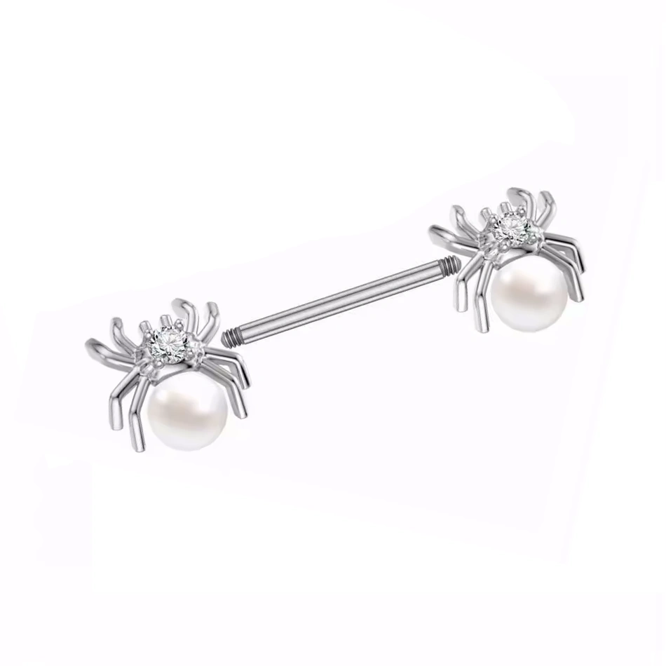 Piercing Téton Barbell Araignée en Titane avec Perle Blanche & Zircon – Image 3