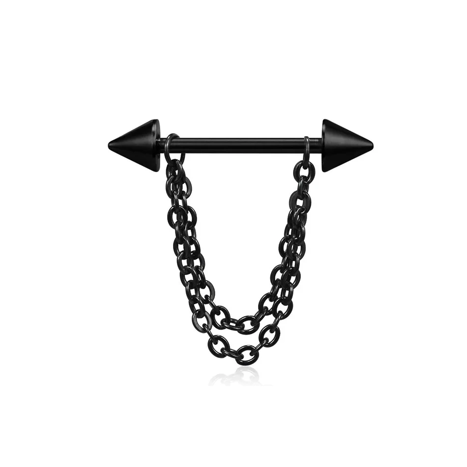 Piercing téton Barbell en acier orné de spikes et chaînes – Image 2