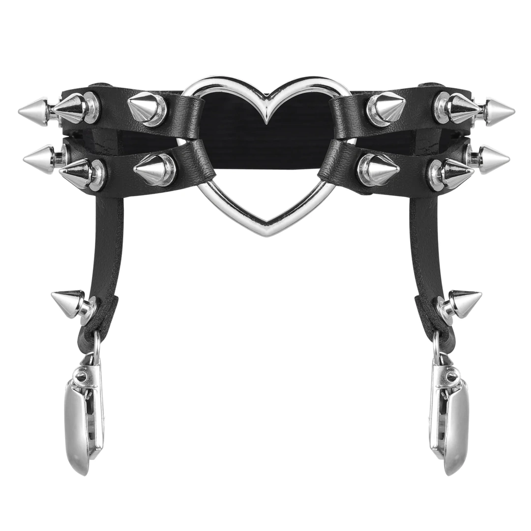 Jarretière Cuir Clouté avec Cœur Métallique & Clips pour Bas – Image 4