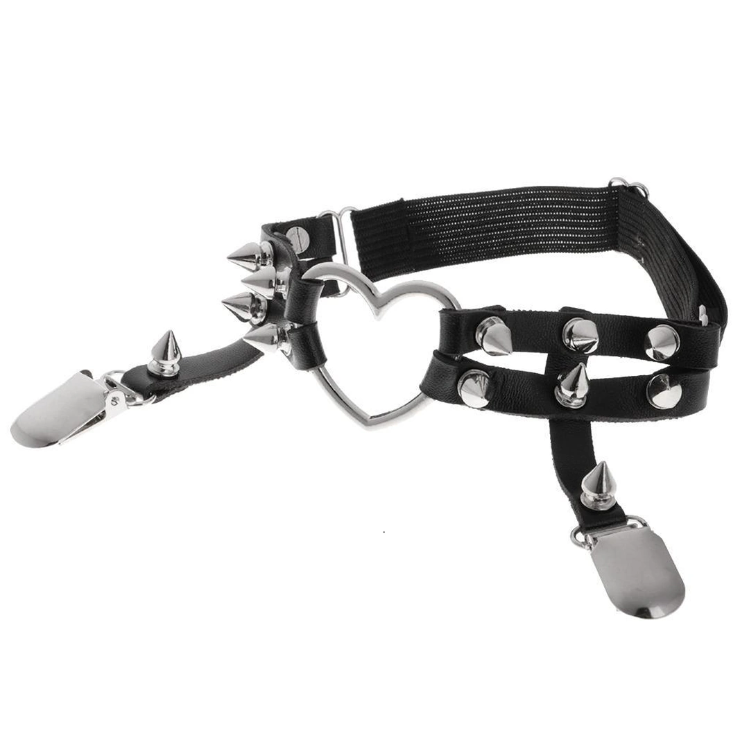 Jarretière Cuir Clouté avec Cœur Métallique & Clips pour Bas – Image 8