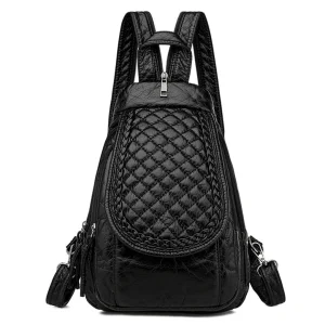 Sac à Dos Compact Femme en Cuir Noir Capitonné