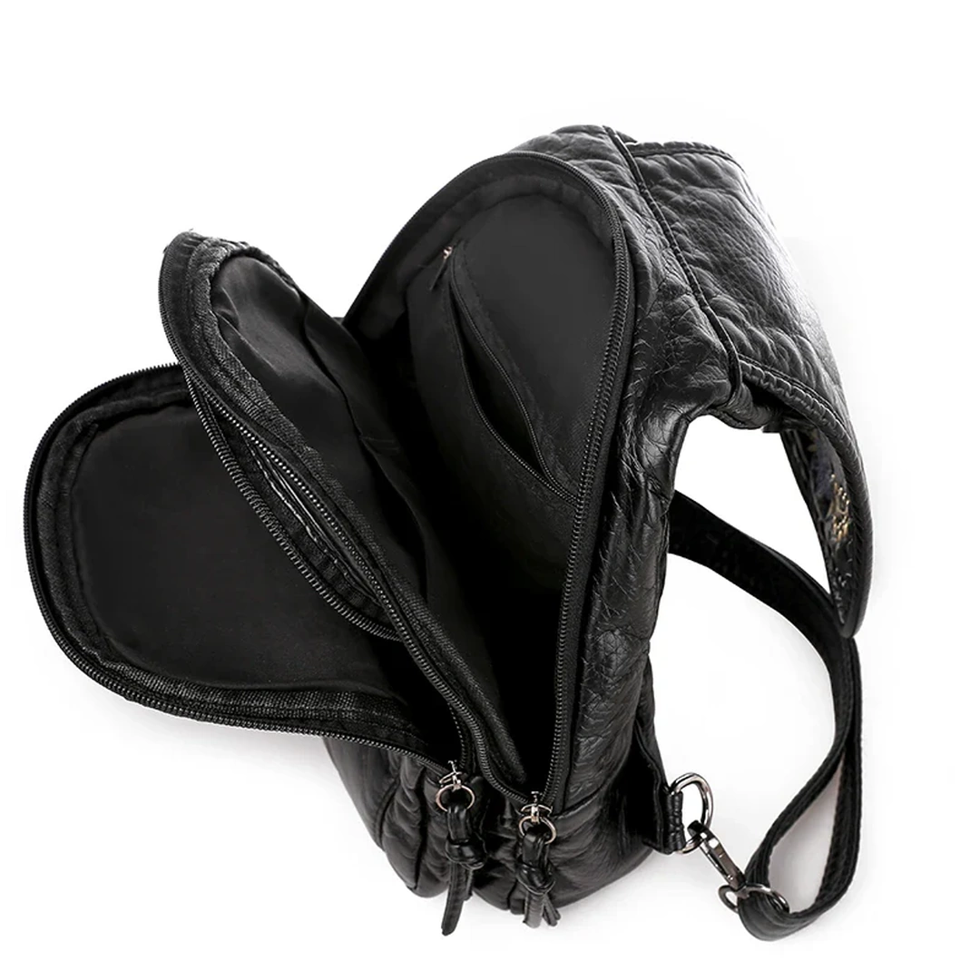 Sac à Dos Compact Femme en Cuir Noir Capitonné – Image 6