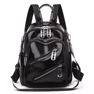 Sac à Dos Femme en Cuir Verni Noir Zips Lames de Rasoir