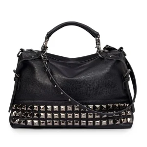 Sac à Main Cuir Noir Orné de Rivets Pyramides et Bandoulière