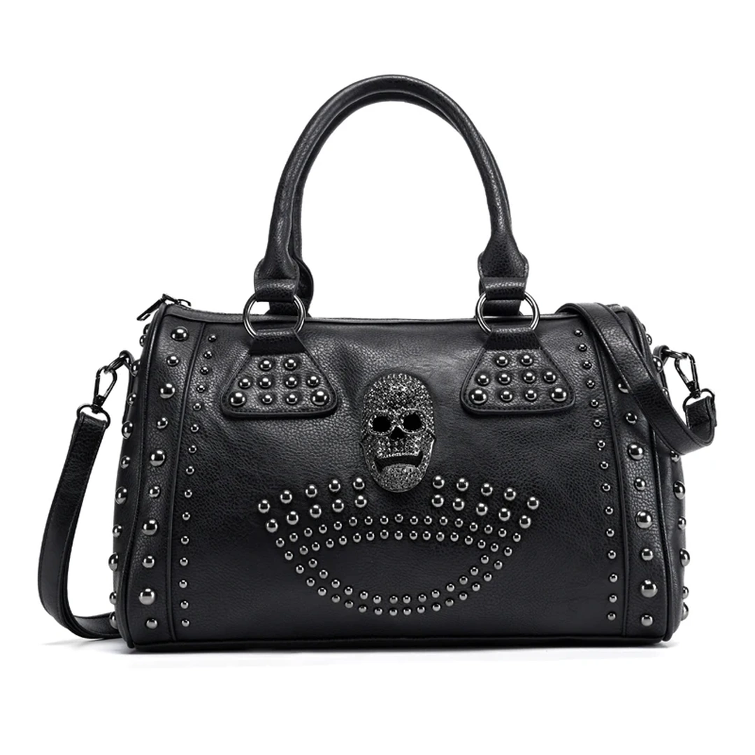 Sac à Main en Cuir avec Tête de Mort Scintillante & Rivets – Image 5