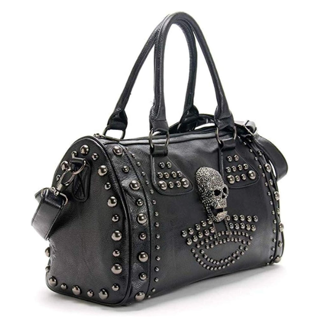 Sac à Main en Cuir avec Tête de Mort Scintillante & Rivets