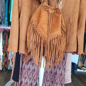 Grande bourse en daim véritable avec franges