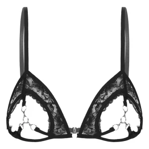Soutien-Gorge Ouvert en Dentelle Noire avec Anneaux