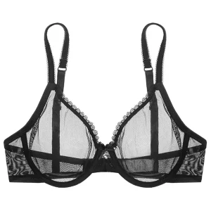Soutien-Gorge Tulle Transparent Noir Bordé de Dentelle