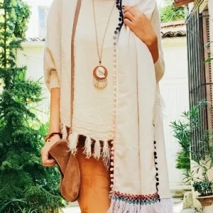 Echarpe ethnique pompons et franges