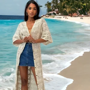 Gilet long en crochet petites franges