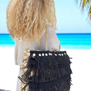 Panier de plage noir à franges et cauris
